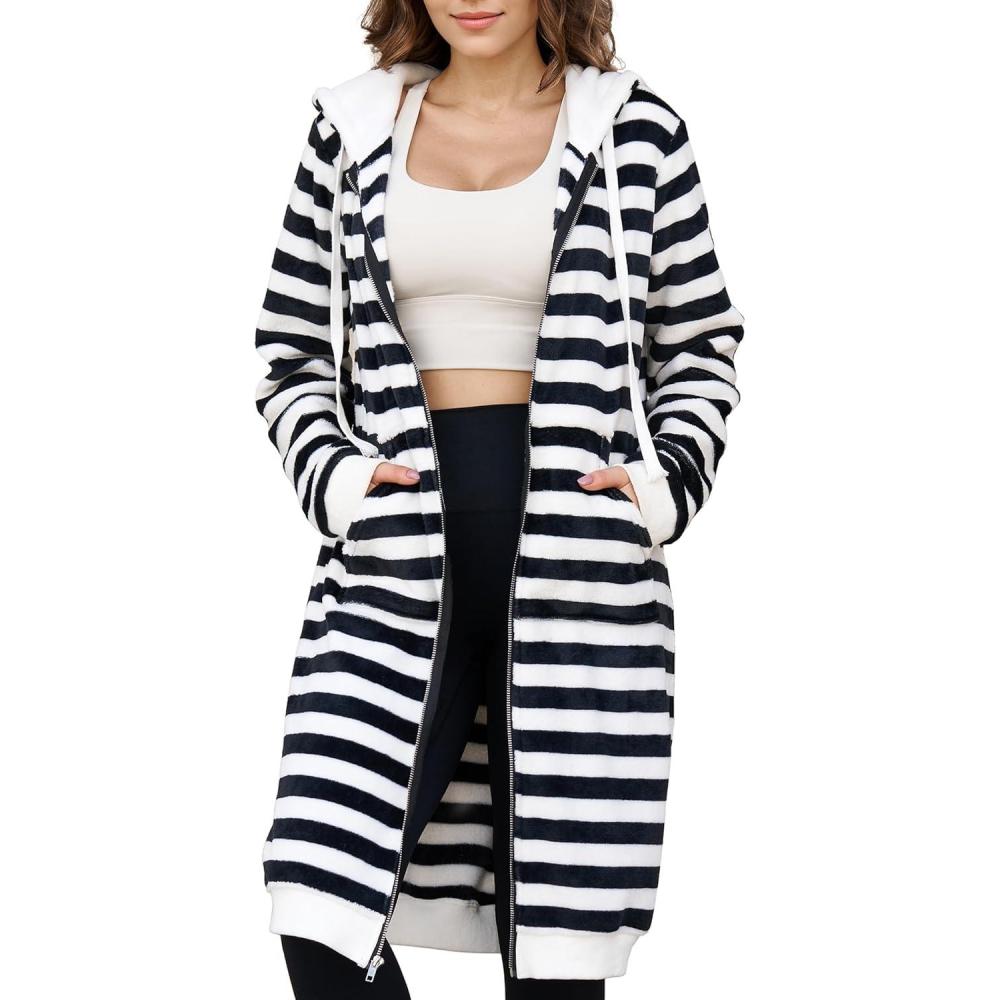 imageAblanczoom Hoodies for Women Fashion Sweatshirts Comfortable Full Zip Up Hoodie Womens Long Fleece Sweatshirt with PocketsBlack Stripe