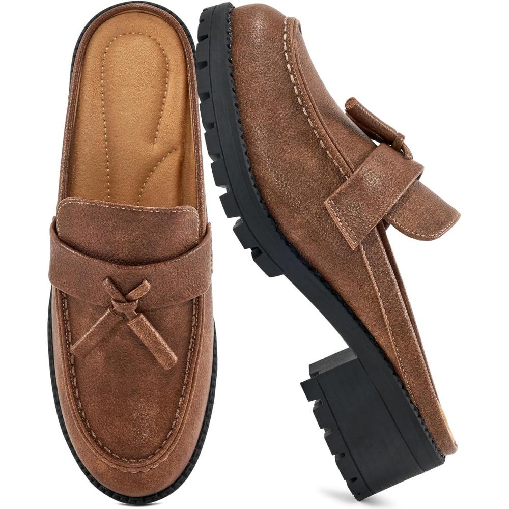 imageAblanczoom Mules for Women Dressy Comfortable Slip On Backless Womens Mules Platform Chunky Loafers for Work Office BusinessBrown