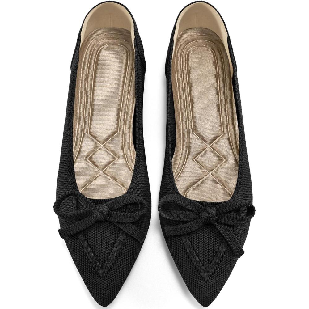 imageAblanczoom Ballet Flats Shoes for Women Dressy Pointed Toe Bow Knit Flats Comfortable Slip On Work Business Shoes for Driving Dating WeddingBlack