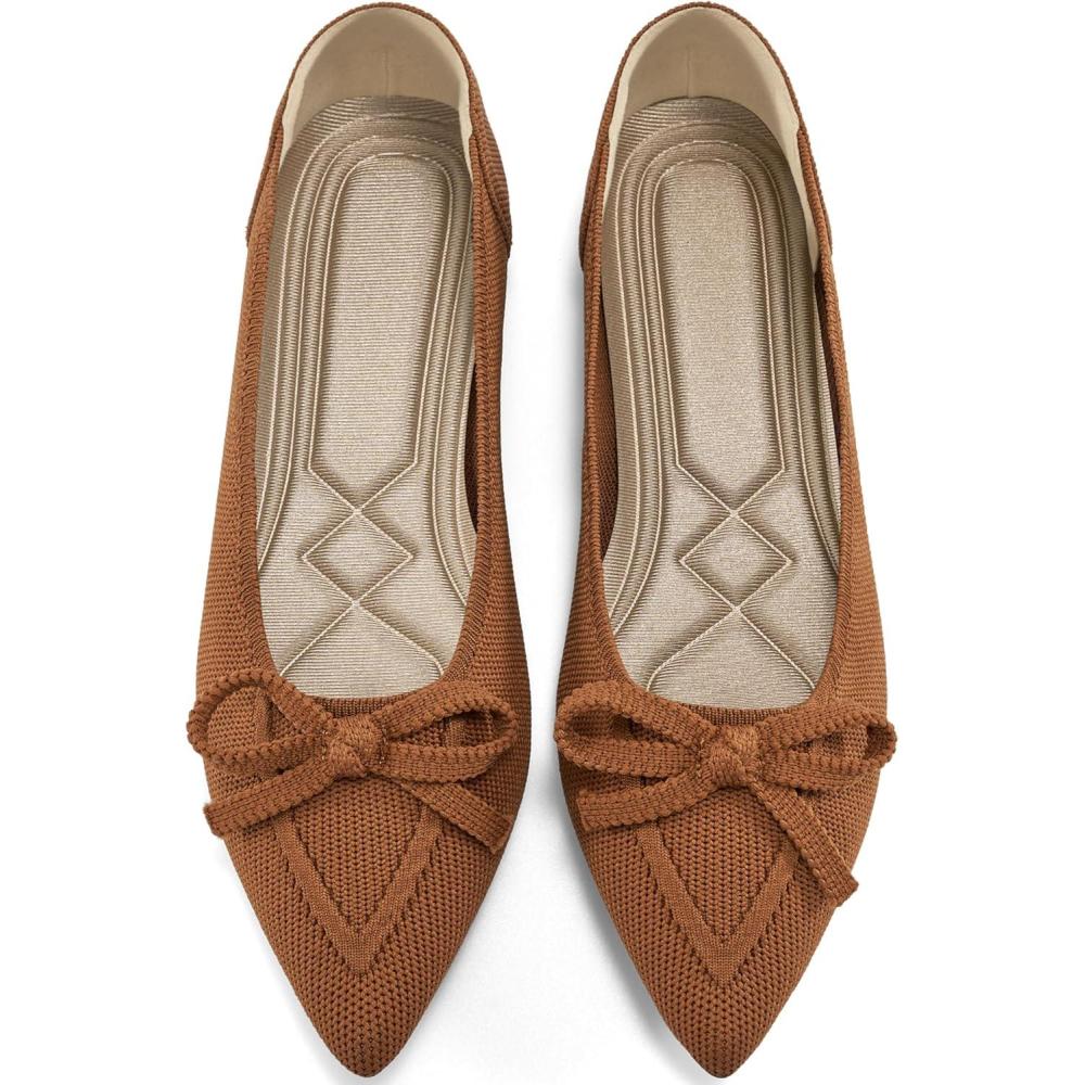 imageAblanczoom Ballet Flats Shoes for Women Dressy Pointed Toe Bow Knit Flats Comfortable Slip On Work Business Shoes for Driving Dating WeddingBrown