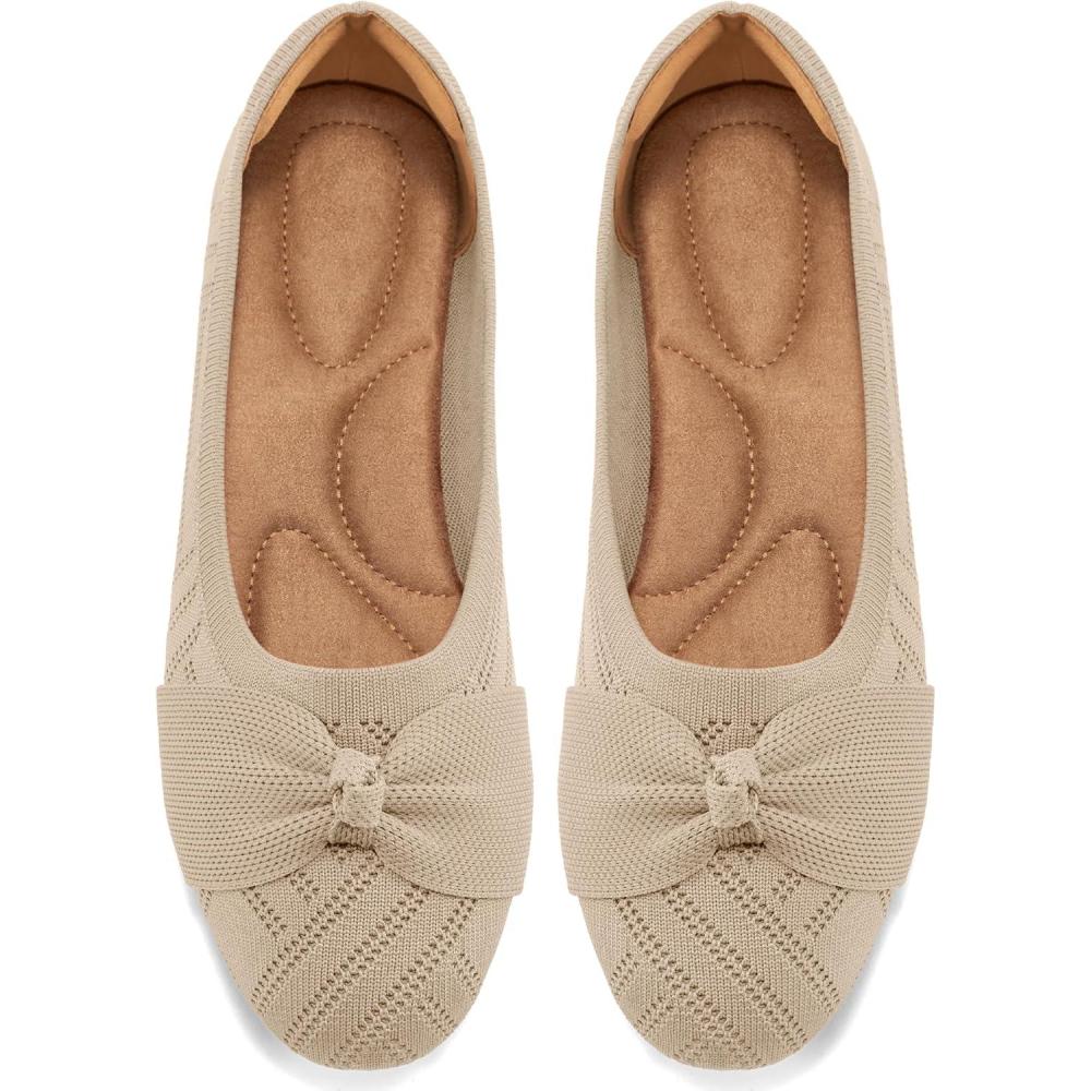 imageAblanczoom Ballet Flats Shoes for Women Dressy Round Toe Bow Knit Flats Comfortable Slip On Dress Shoes for Work Business WeddingBeige
