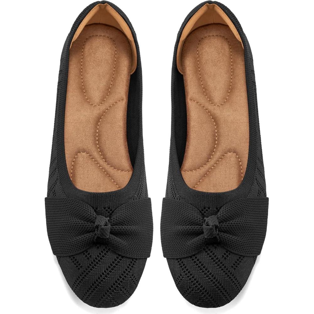 imageAblanczoom Ballet Flats Shoes for Women Dressy Round Toe Bow Knit Flats Comfortable Slip On Dress Shoes for Work Business WeddingBlack
