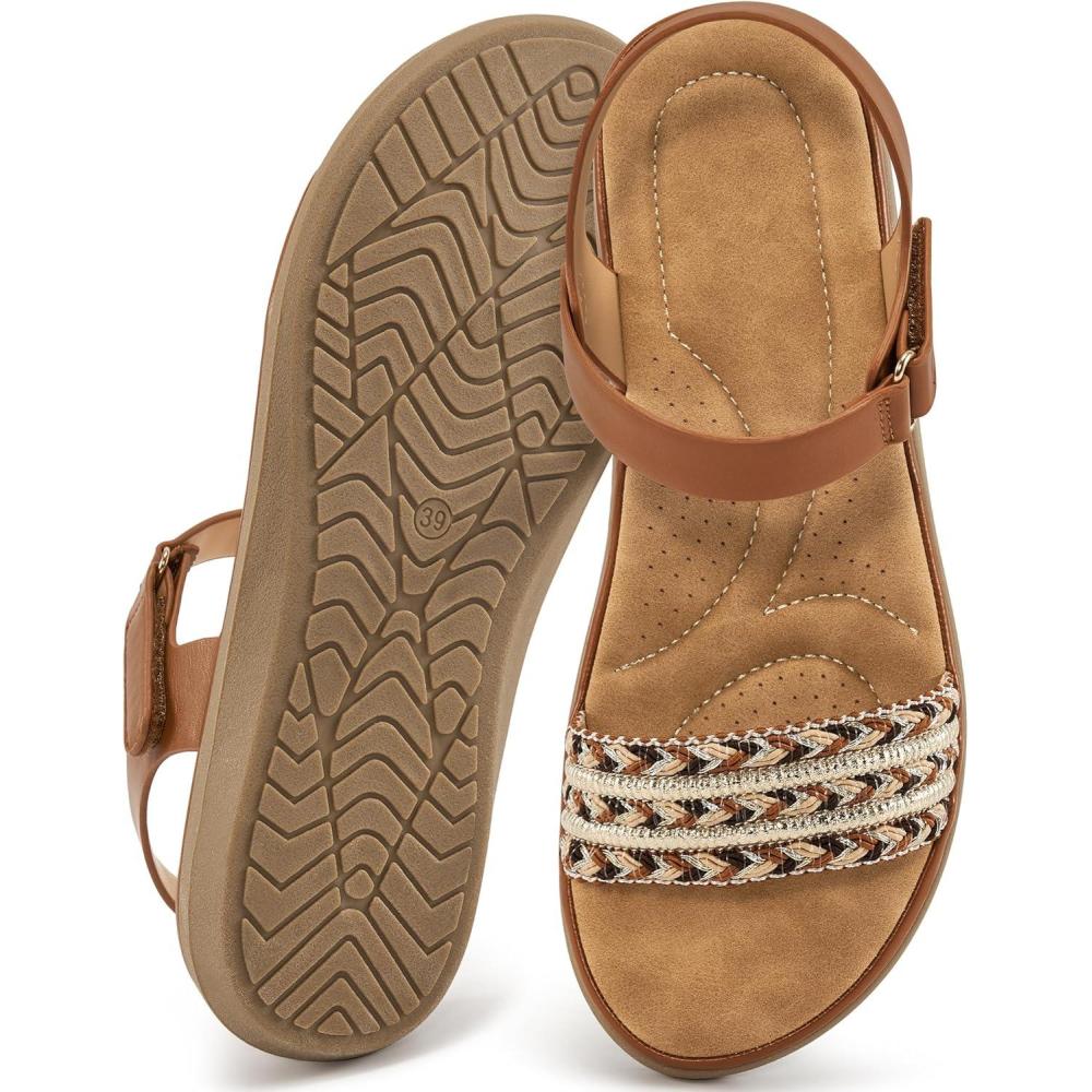 imageAblanczoom Flat Sandals for Women Comfortable Dressy Open Toe Ankle Strap Bohemian Womens Sandal Summer Beach TravelBrown