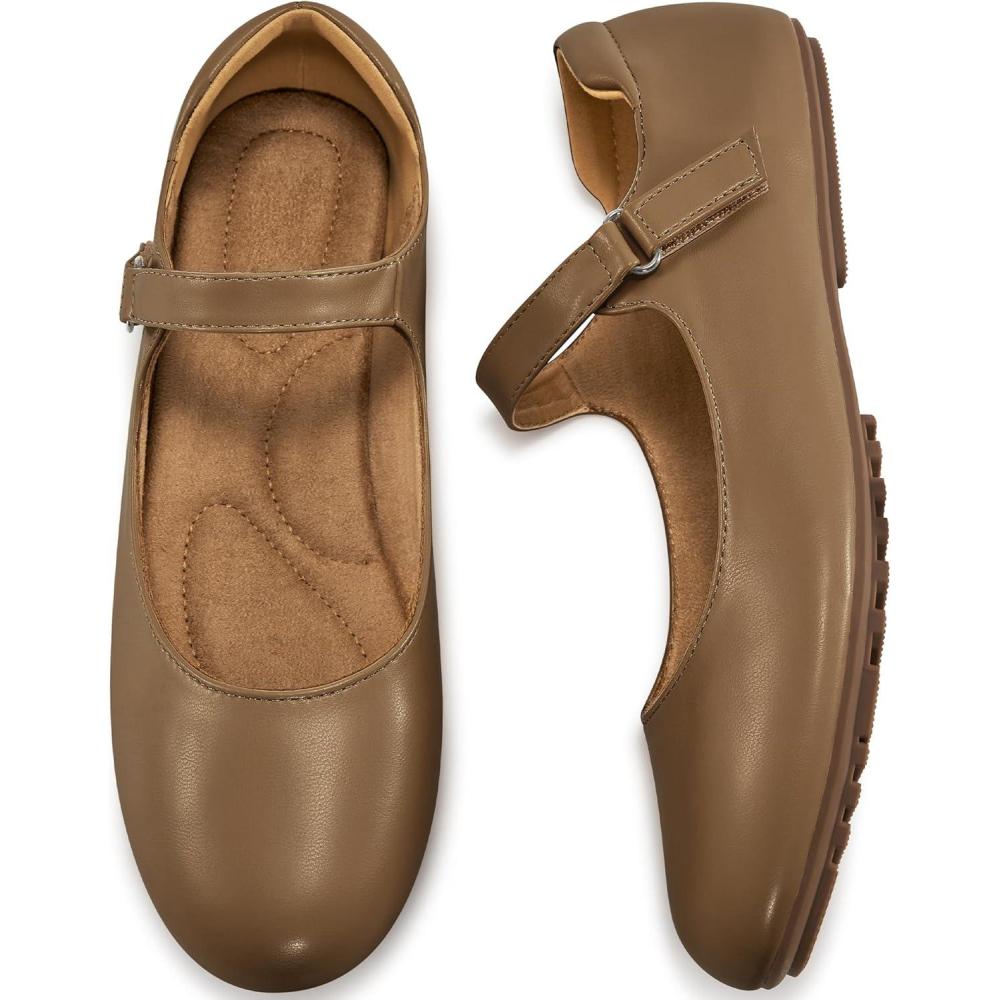 imageAblanczoom Mary Jane Flats for Women Dressy Round Toe Ankle Strap Ballet Flats Comfortable Dress Shoes for Work Office BusinessBrown