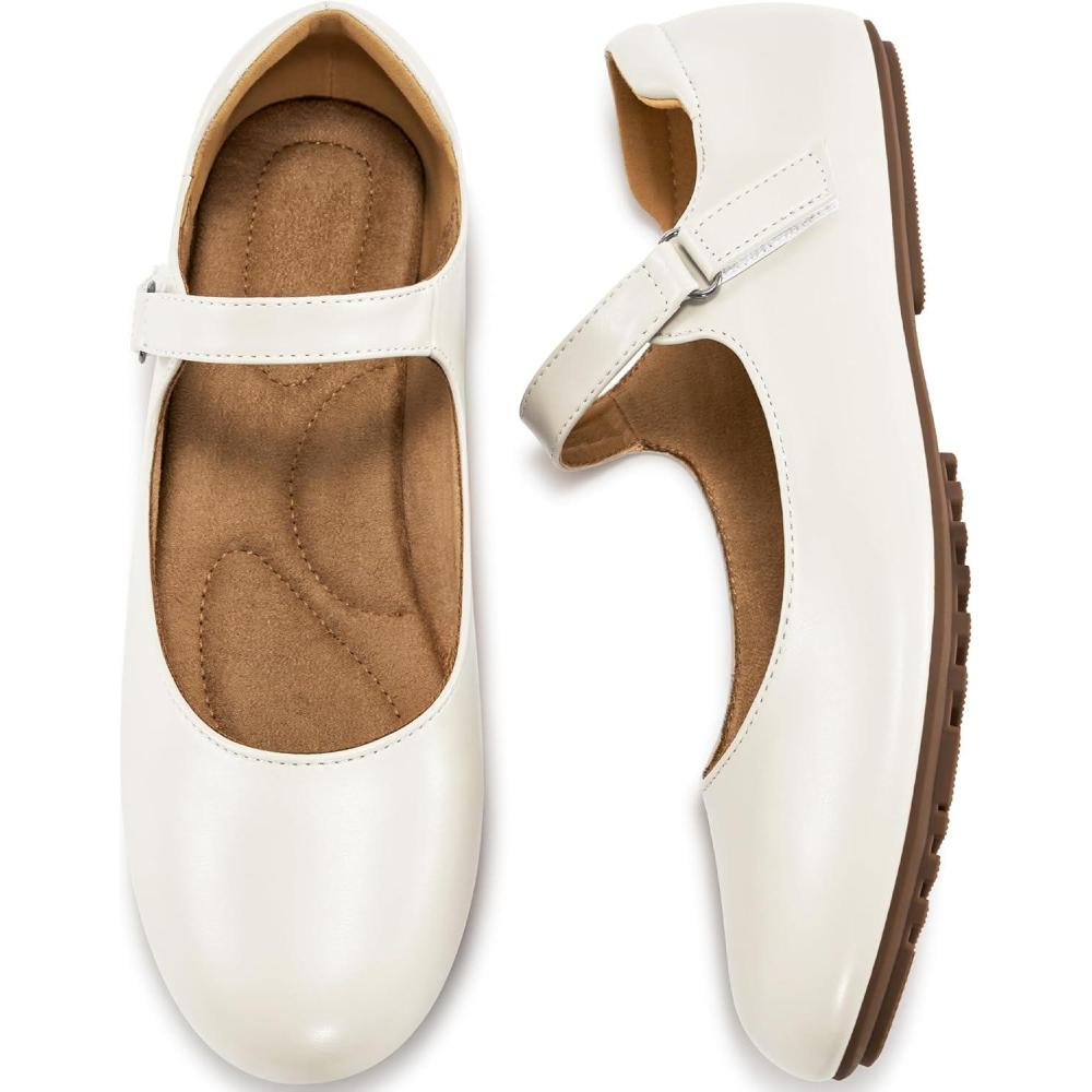 imageAblanczoom Mary Jane Flats for Women Dressy Round Toe Ankle Strap Ballet Flats Comfortable Dress Shoes for Work Office BusinessWhite