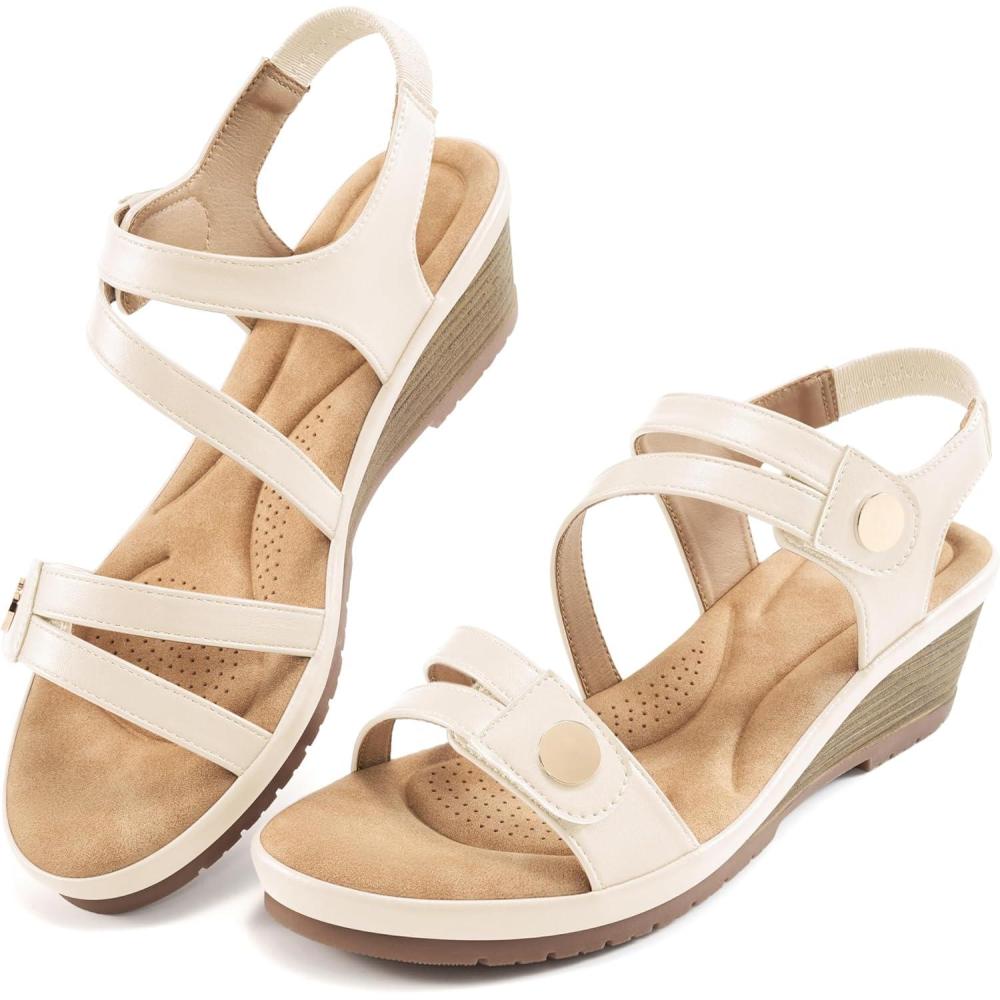 imageAblanczoom Wedge Sandals for Women Dressy Comfortable Elastic Ankle Strap Summer Causal Walking Low Platform SandalApricot