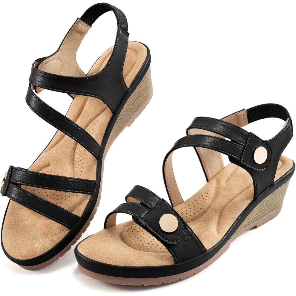 imageAblanczoom Wedge Sandals for Women Dressy Comfortable Elastic Ankle Strap Summer Causal Walking Low Platform SandalBlack