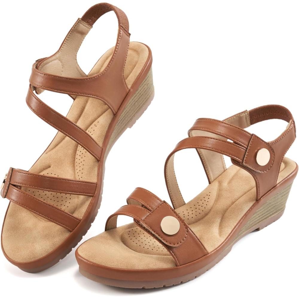 imageAblanczoom Wedge Sandals for Women Dressy Comfortable Elastic Ankle Strap Summer Causal Walking Low Platform SandalBrown