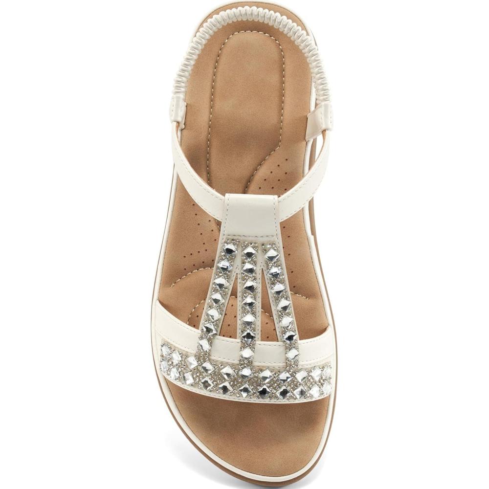imageAblanczoom Womens Sandals Flat Shoes Comfortable Ankle Strap Dressy Rhinestone Casual Bohemian Summer Sandal for Beach Walking VacationWhite