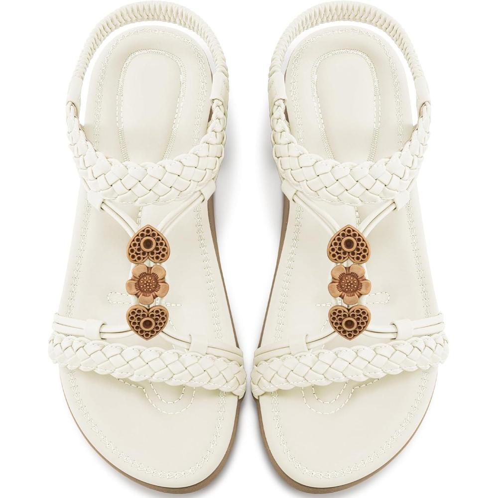 imageAblanczoom Womens Sandals Flat Shoes Comfortable Dressy Ankle Strap Bohemian Summer Sandals for Casual Beach WalkingWhite