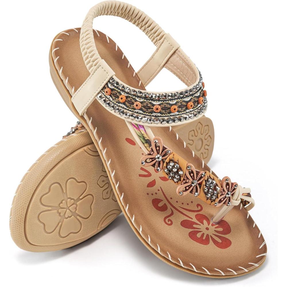 imageAblanczoom Womens Sandals Flats Shoes Comfortable Bohemian Beaded Dressy Summer Flat Casual Ankle Strap Elastic Slip on Beach SandalApricot