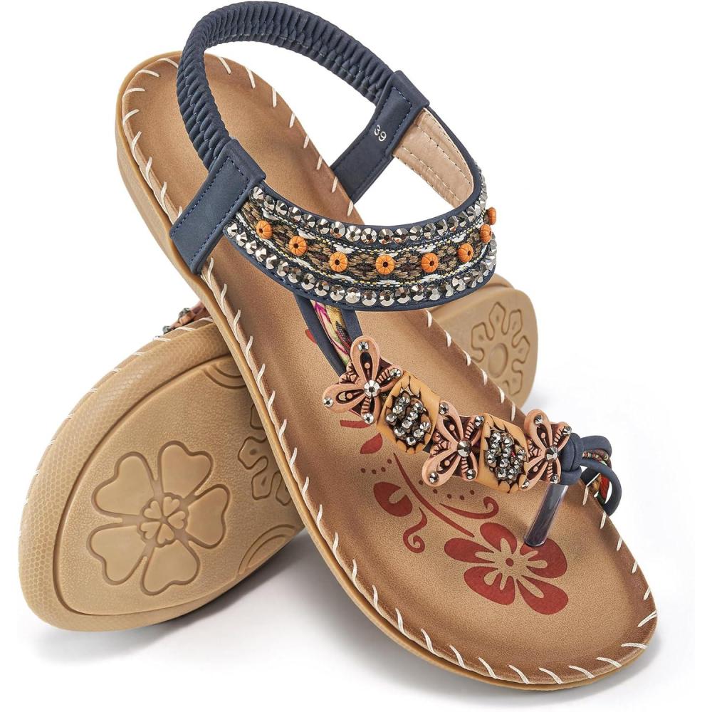 imageAblanczoom Womens Sandals Flats Shoes Comfortable Bohemian Beaded Dressy Summer Flat Casual Ankle Strap Elastic Slip on Beach SandalBlue