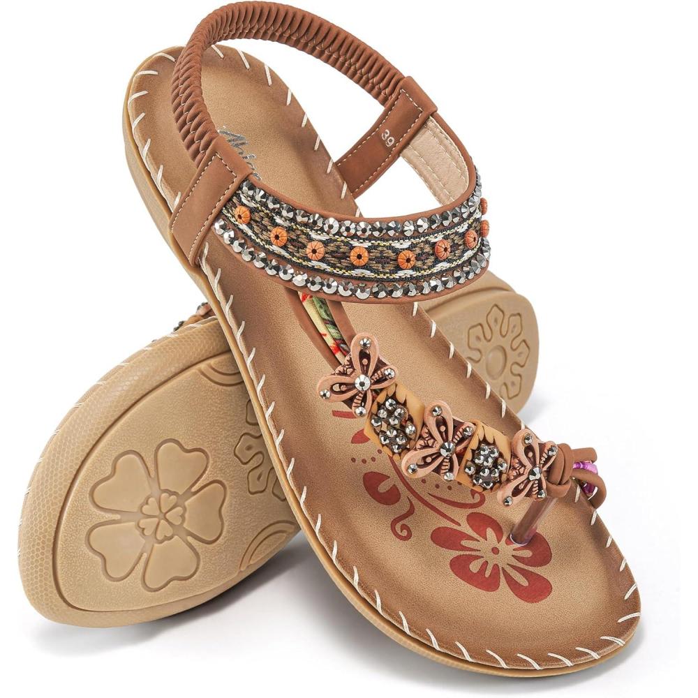 imageAblanczoom Womens Sandals Flats Shoes Comfortable Bohemian Beaded Dressy Summer Flat Casual Ankle Strap Elastic Slip on Beach SandalBrown