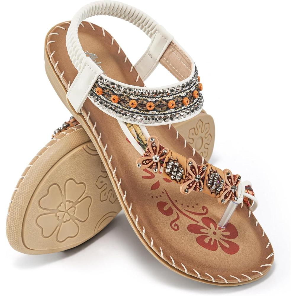 imageAblanczoom Womens Sandals Flats Shoes Comfortable Bohemian Beaded Dressy Summer Flat Casual Ankle Strap Elastic Slip on Beach SandalWhite