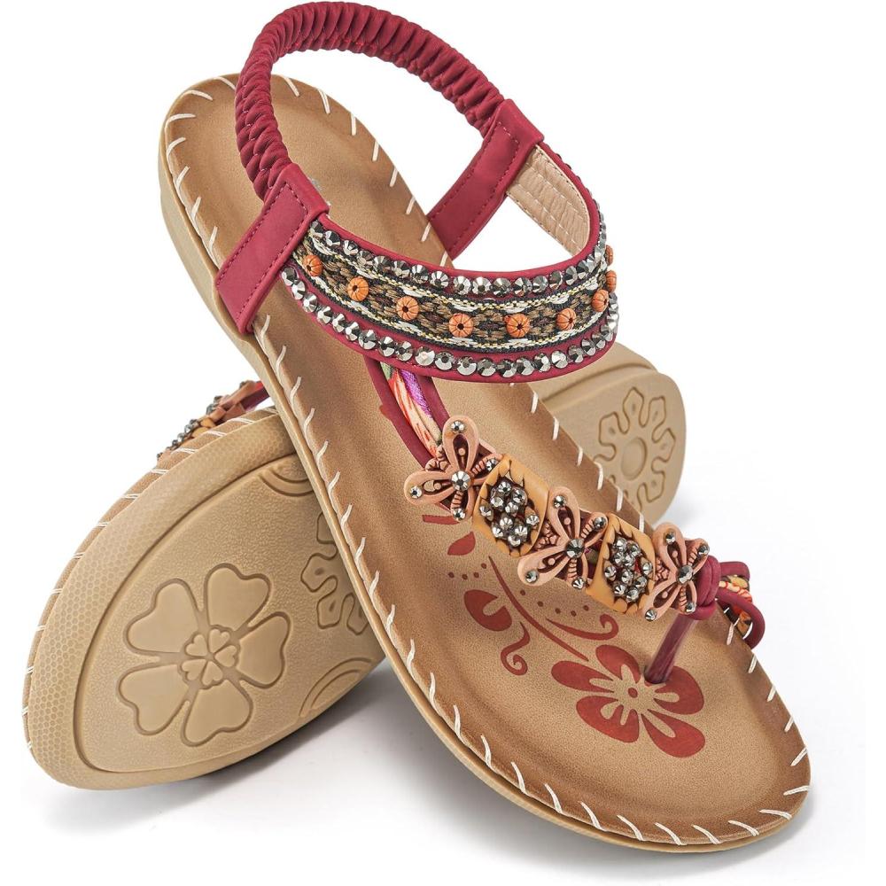 imageAblanczoom Womens Sandals Flats Shoes Comfortable Bohemian Beaded Dressy Summer Flat Casual Ankle Strap Elastic Slip on Beach SandalWine Red