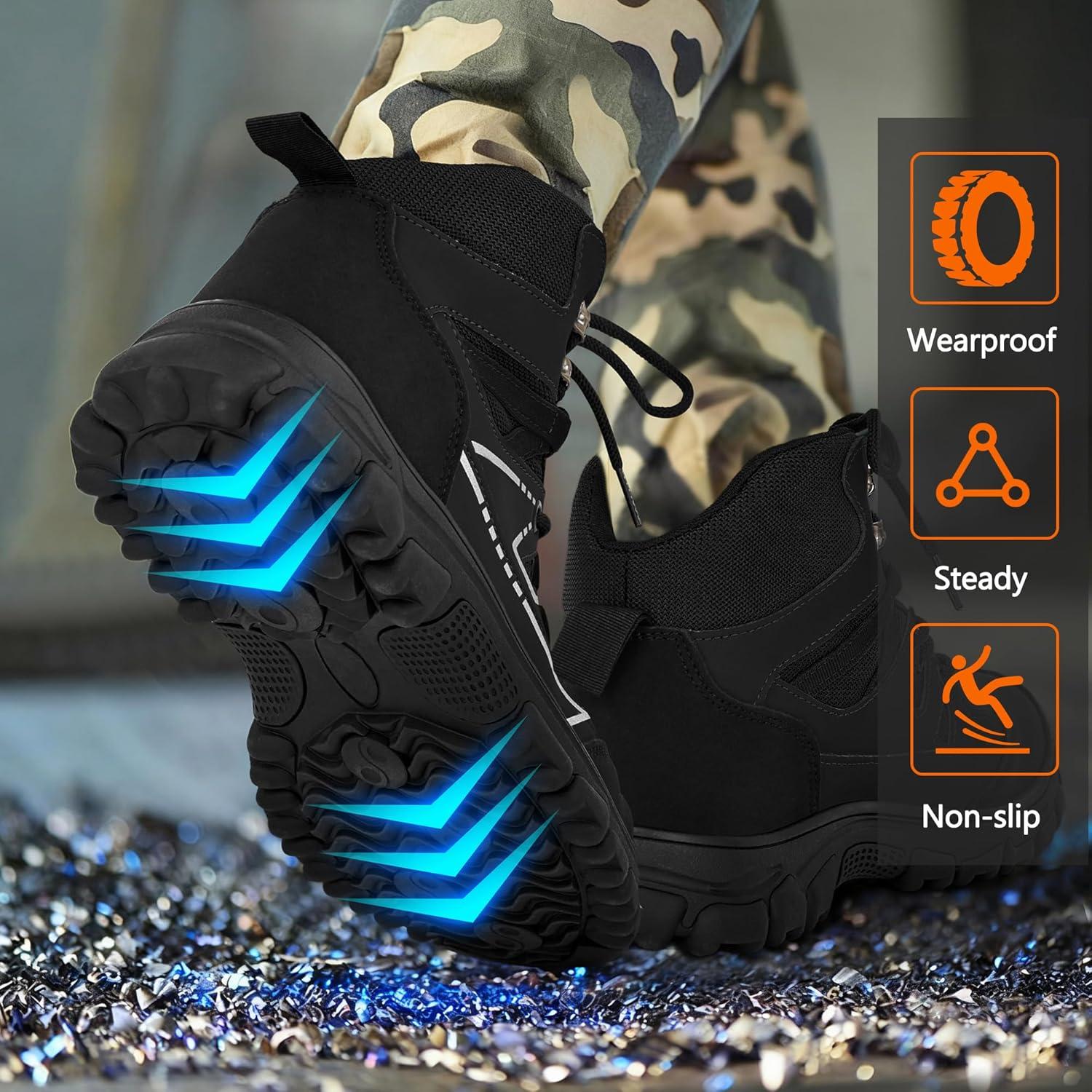 imageAblanczoom Steel Toe Boots for Men Safety Work Shoes NonSlip Puncture Proof Comfortable for Industrial ConstructionBlack