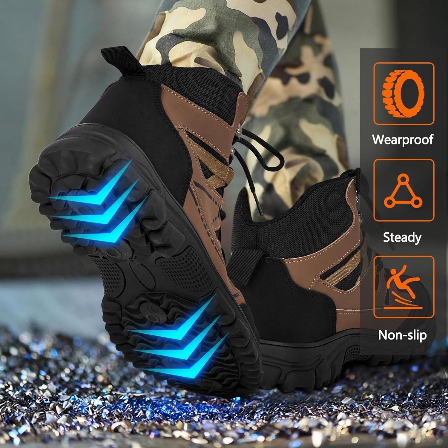 imageAblanczoom Steel Toe Boots for Men Safety Work Shoes NonSlip Puncture Proof Comfortable for Industrial ConstructionBrown