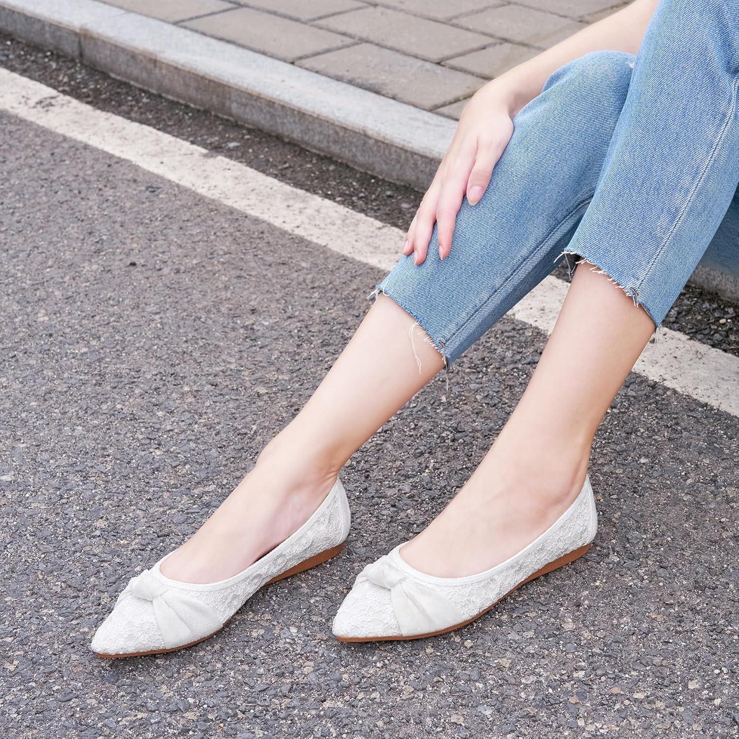 imageAblanczoom Dress Shoes for Womens Flats Dressy Comfortable Pointed Toe Bow Lace Mesh Ballet Flat Wedding Bridal Shoe for WomenWhite