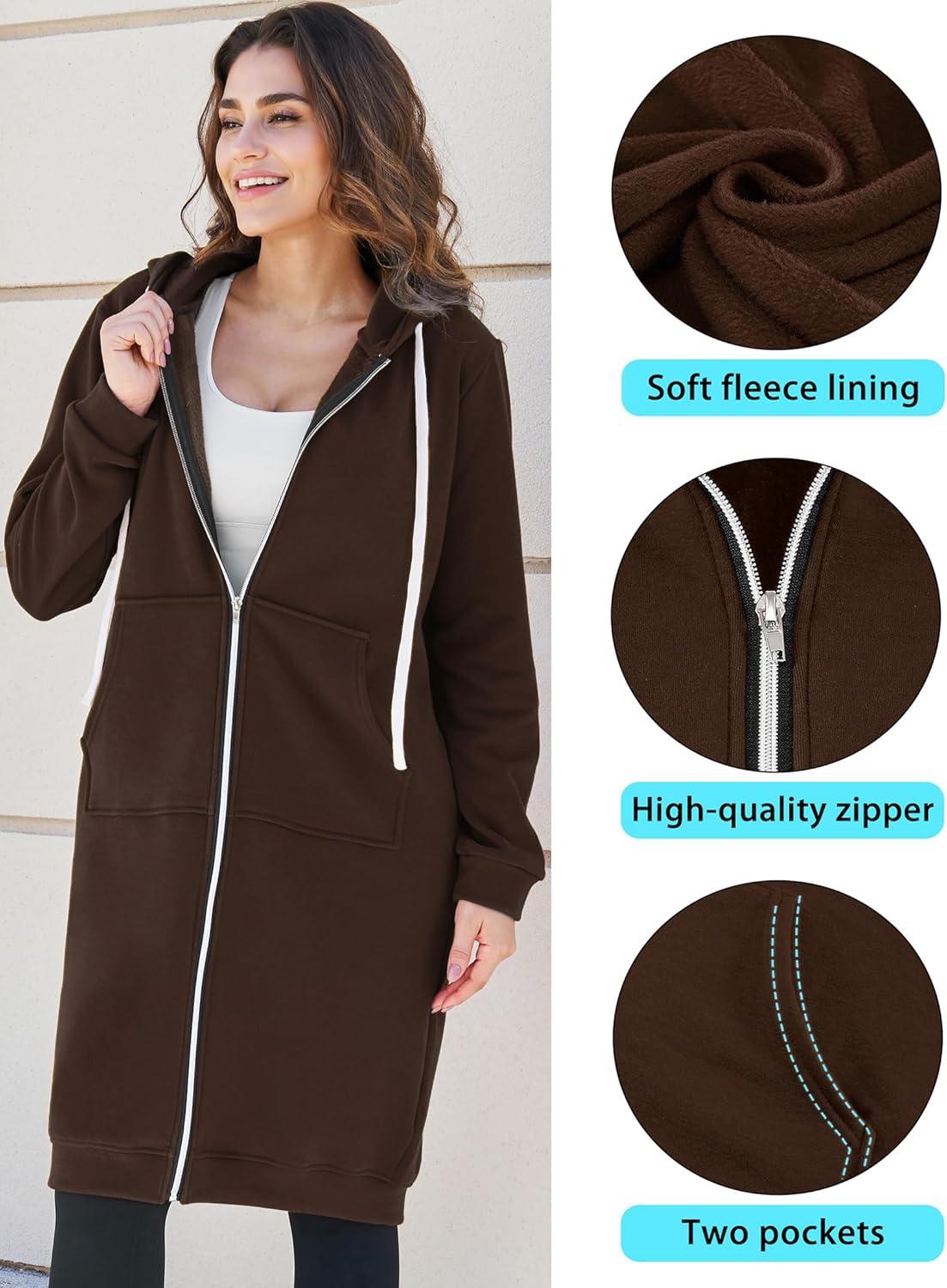 imageAblanczoom Hoodies for Women Fashion Sweatshirts Comfortable Full Zip Up Hoodie Womens Long Fleece Sweatshirt with PocketsCoffee