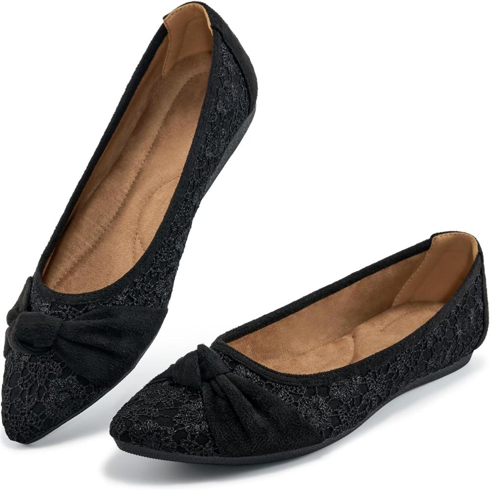 imageAblanczoom Dress Shoes for Womens Flats Dressy Comfortable Pointed Toe Bow Lace Mesh Ballet Flat Wedding Bridal Shoe for WomenBlack