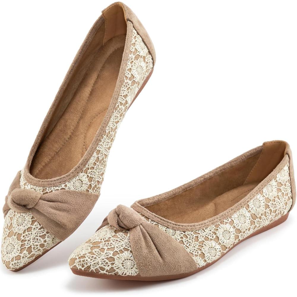 imageAblanczoom Dress Shoes for Womens Flats Dressy Comfortable Pointed Toe Bow Lace Mesh Ballet Flat Wedding Bridal Shoe for WomenBrown
