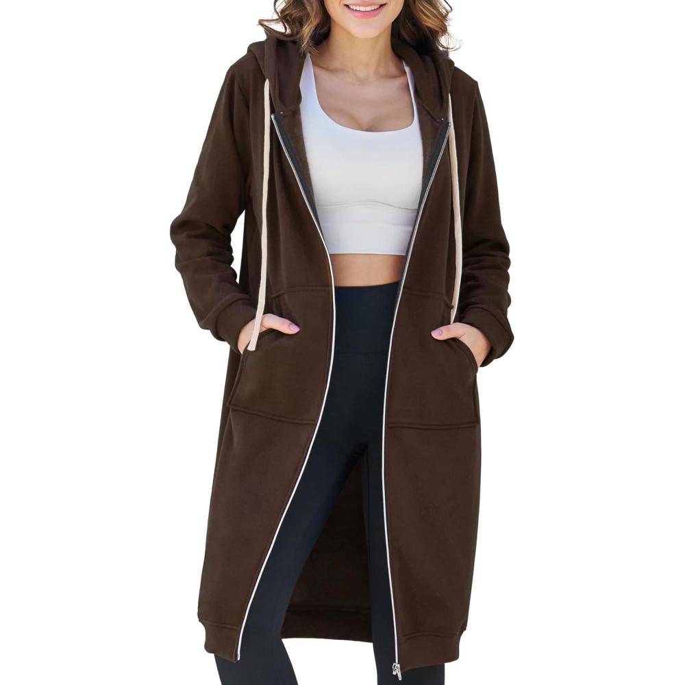 imageAblanczoom Hoodies for Women Fashion Sweatshirts Comfortable Full Zip Up Hoodie Womens Long Fleece Sweatshirt with PocketsCoffee