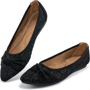 Ablanczoom Dress Shoes for Womens Flats: Dressy Comfortable Pointed Toe Bow Lace Mesh Ballet Flat Wedding Bridal Shoe for Women(Black)