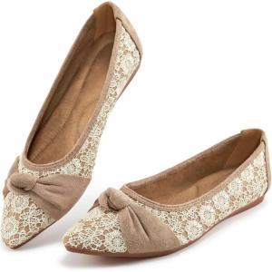 Ablanczoom Dress Shoes for Womens Flats: Dressy Comfortable Pointed Toe Bow Lace Mesh Ballet Flat Wedding Bridal Shoe for Women(Brown)