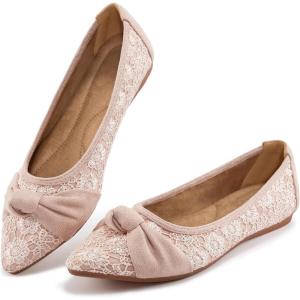 Ablanczoom Dress Shoes for Womens Flats: Dressy Comfortable Pointed Toe Bow Lace Mesh Ballet Flat Wedding Bridal Shoe for Women(Pink)