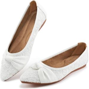 Ablanczoom Dress Shoes for Womens Flats: Dressy Comfortable Pointed Toe Bow Lace Mesh Ballet Flat Wedding Bridal Shoe for Women(White)