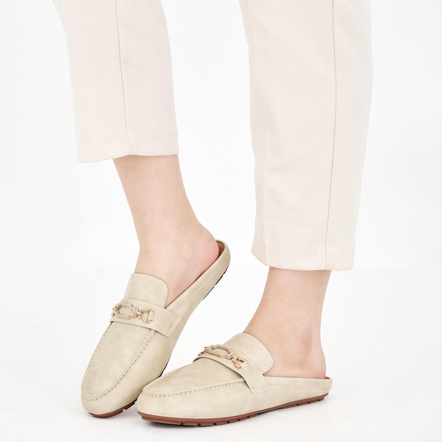 imageAblanczoom Mules for Women Flat Shoes Comfortable Slip on Flats for Womens Mule Metal Chain Backless Loafers Business Casual ShoeBeige