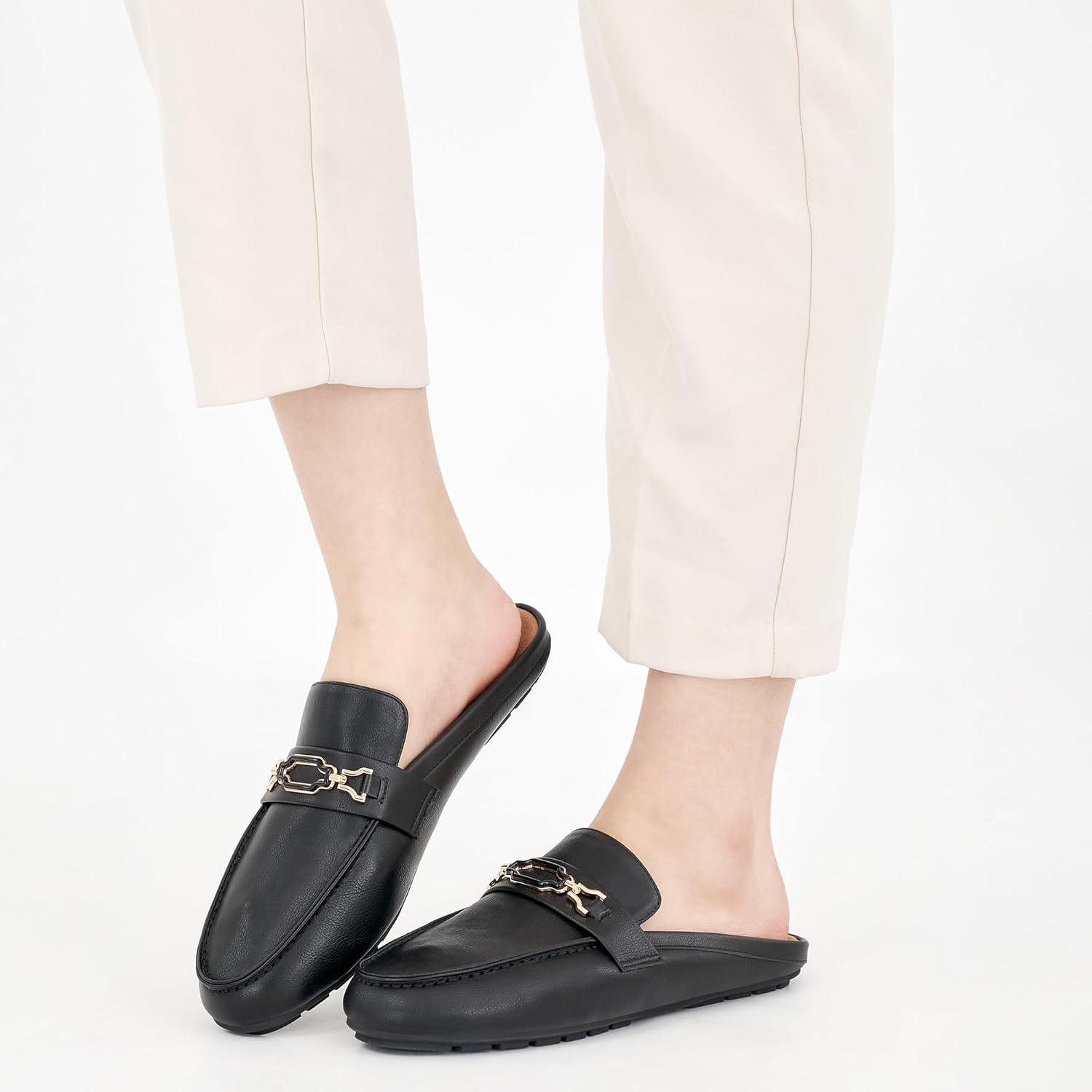 imageAblanczoom Mules for Women Flat Shoes Comfortable Slip on Flats for Womens Mule Metal Chain Backless Loafers Business Casual ShoeBlack