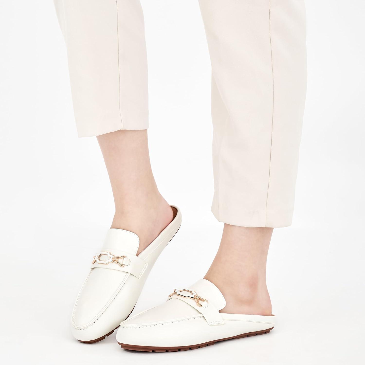 imageAblanczoom Mules for Women Flat Shoes Comfortable Slip on Flats for Womens Mule Metal Chain Backless Loafers Business Casual ShoeWhite
