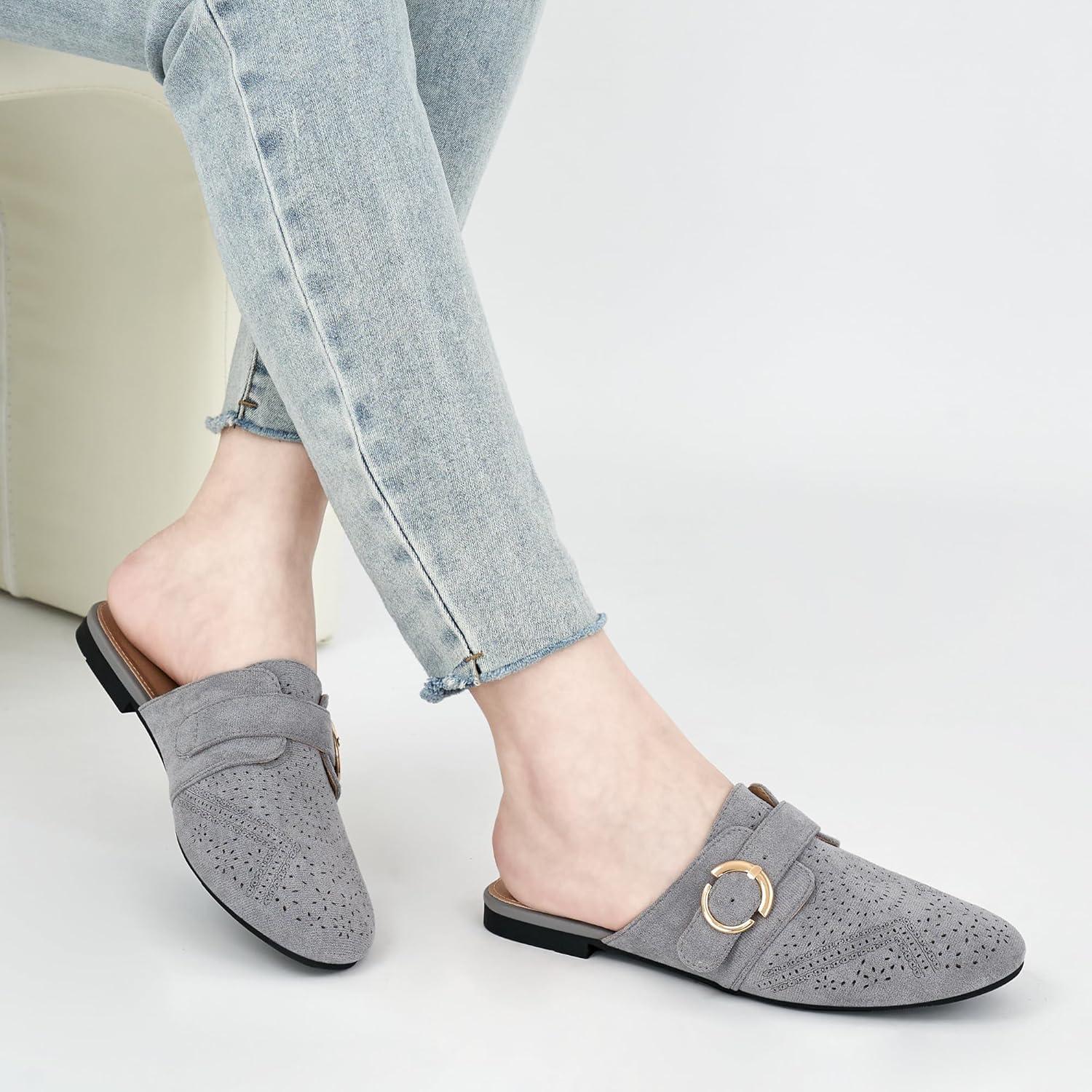 imageMules for Women Flat Shoes Comfortable Closed Toe Slip On Dressy Suede Womens Mule 2025 Office Indoor OutdoorGrey