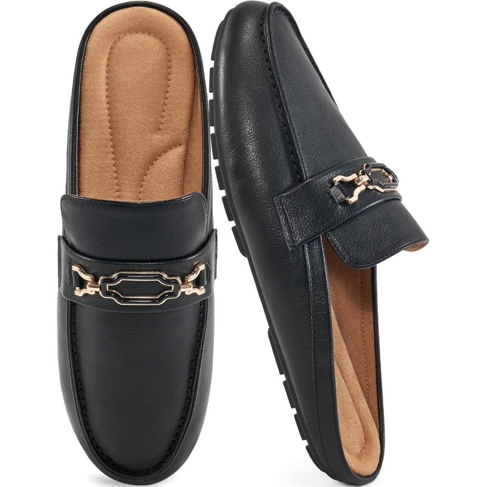 imageAblanczoom Mules for Women Flat Shoes Comfortable Slip on Flats for Womens Mule Metal Chain Backless Loafers Business Casual ShoeBlack