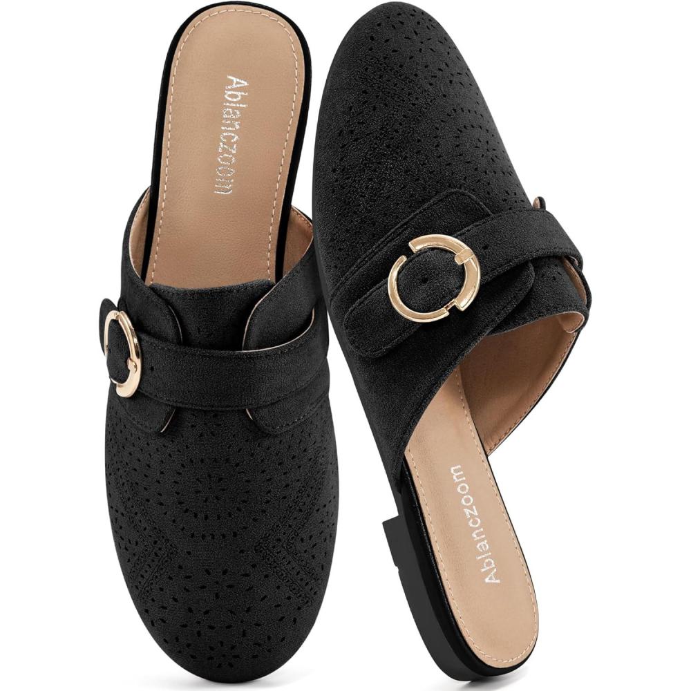 imageMules for Women Flat Shoes Comfortable Closed Toe Slip On Dressy Suede Womens Mule 2025 Office Indoor OutdoorBlack