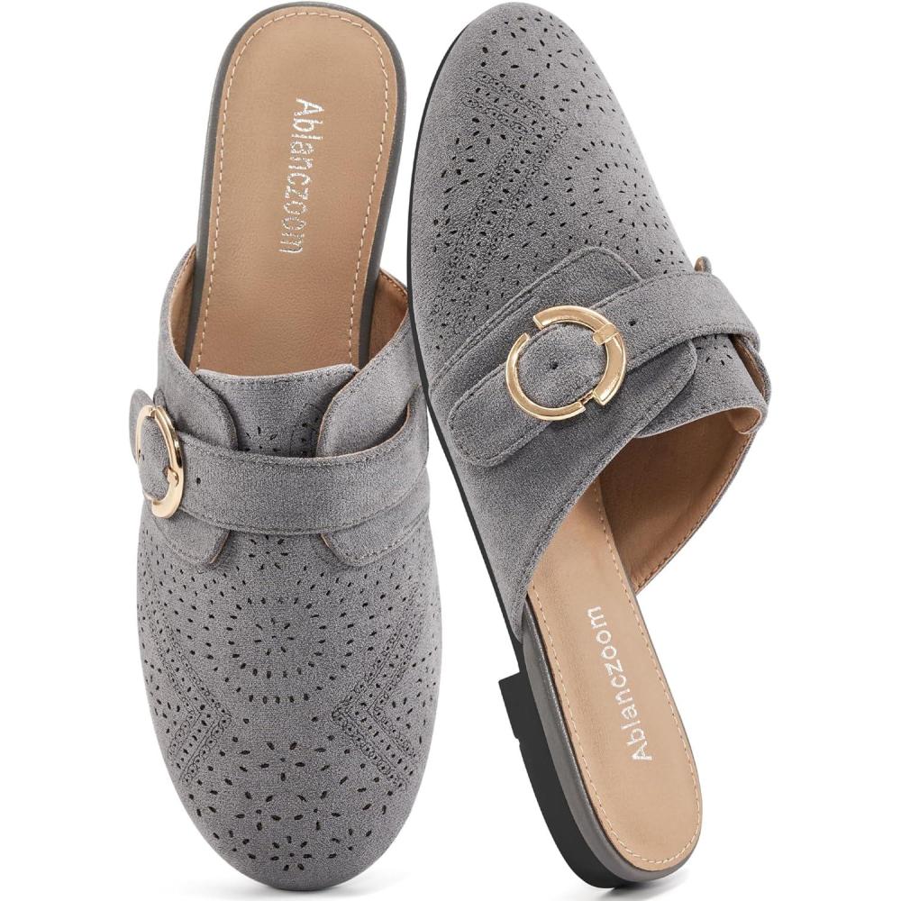 imageMules for Women Flat Shoes Comfortable Closed Toe Slip On Dressy Suede Womens Mule 2025 Office Indoor OutdoorGrey