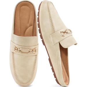 Ablanczoom Mules for Women Flat Shoes: Comfortable Slip on Flats for Womens Mule Metal Chain Backless Loafers Business Casual Shoe(Beige)