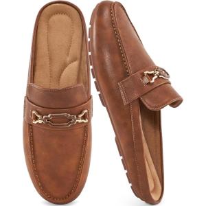 Ablanczoom Mules for Women Flat Shoes: Comfortable Slip on Flats for Womens Mule Metal Chain Backless Loafers Business Casual Shoe(Brown)
