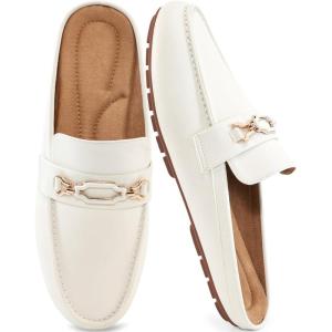Ablanczoom Mules for Women Flat Shoes: Comfortable Slip on Flats for Womens Mule Metal Chain Backless Loafers Business Casual Shoe(White)