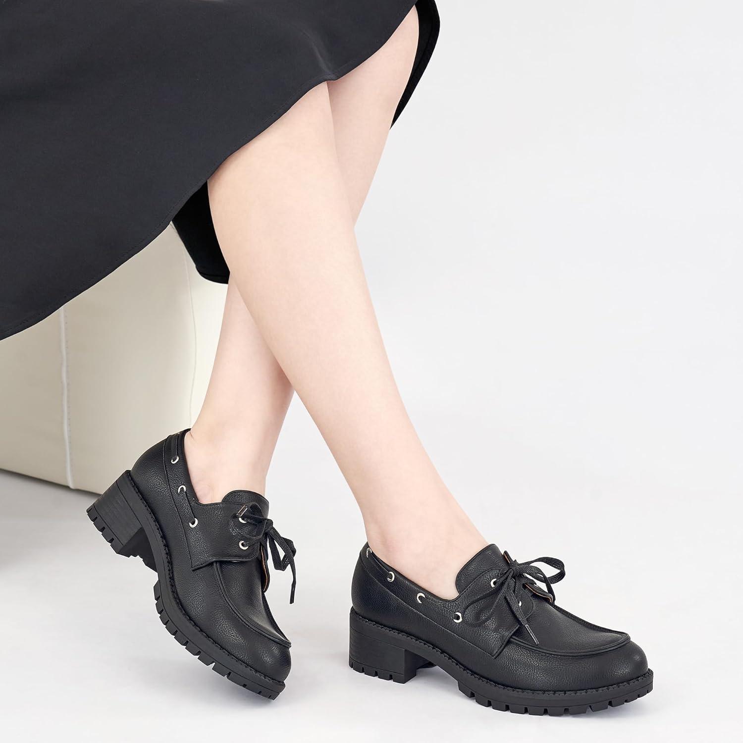 imageAblanczoom Platform Oxford Shoes for Women  Lace Up Womens Platform Chunky Loafers with Lug Sole Dress Shoes for Work BusinessBlack
