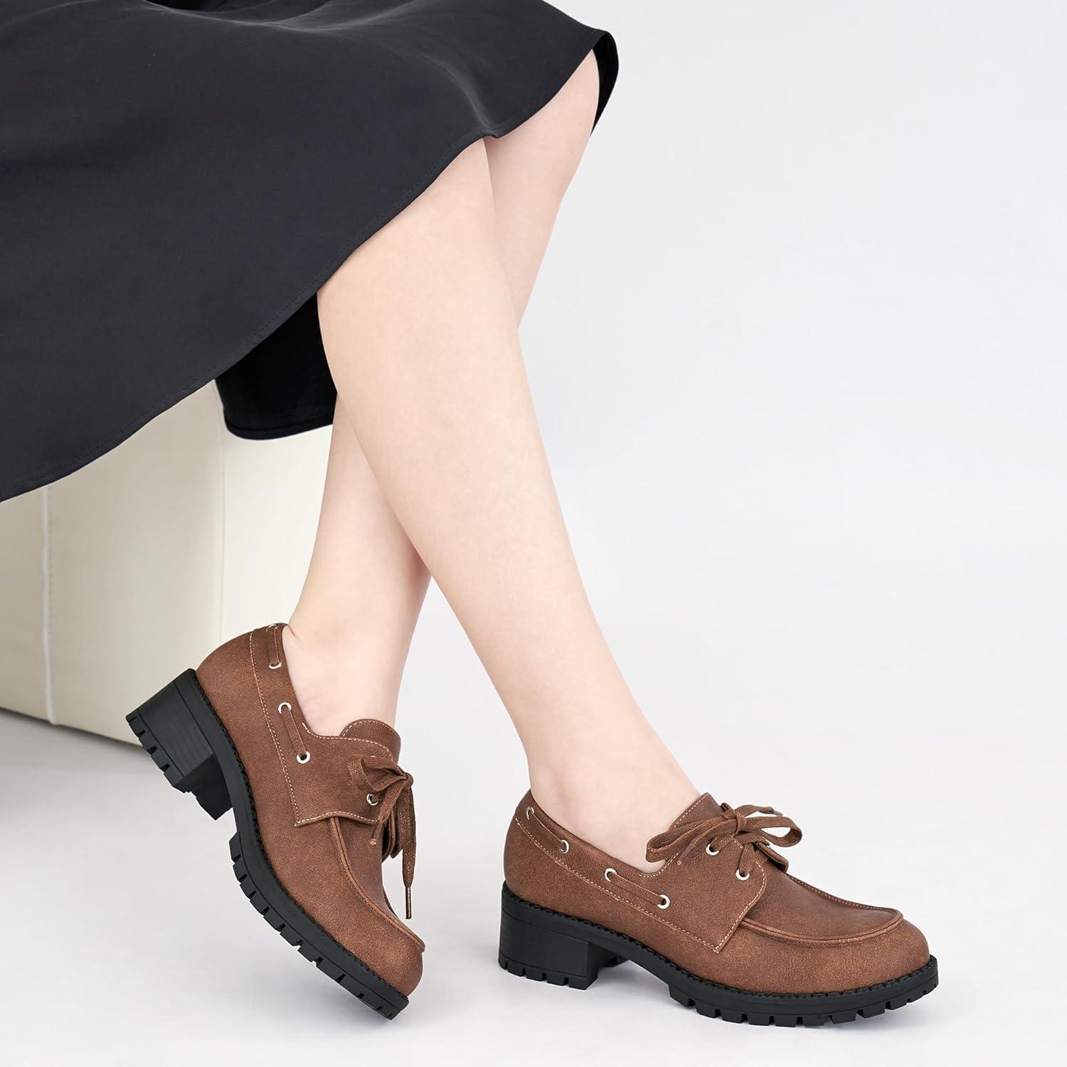 imageAblanczoom Platform Oxford Shoes for Women  Lace Up Womens Platform Chunky Loafers with Lug Sole Dress Shoes for Work BusinessBrown
