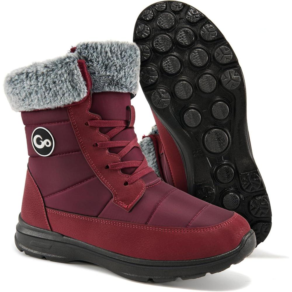 image:imageAblanczoom Winter Snow Boots for Women Comfortable Warm Fur Lined Womens Boots Outdoor Waterproof Non Slip Lace Up Walking BootiesWine Red