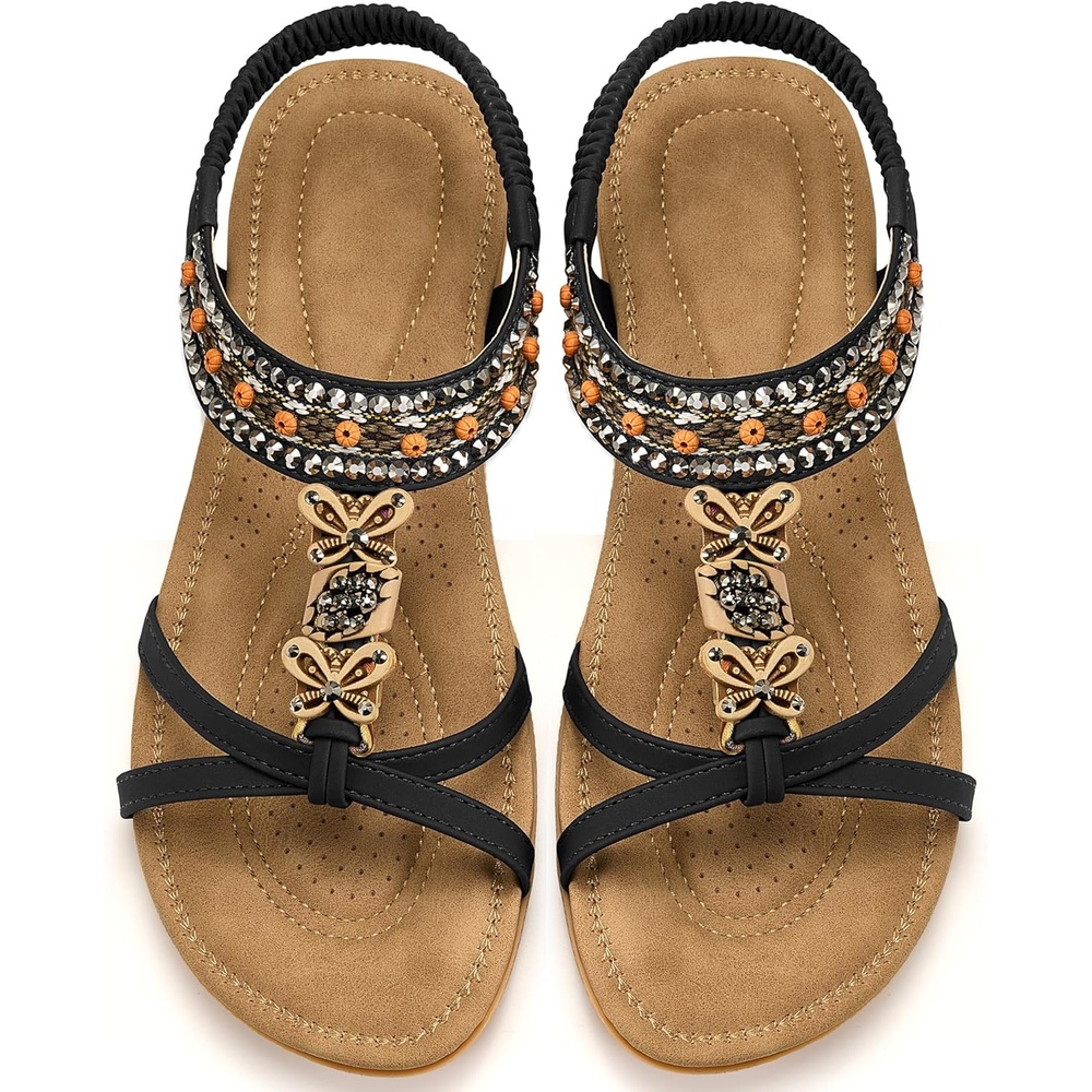 image:imageAblanczoom Womens Flat Sandals Summer Boho Beaded Dressy Comfortable Walking Shoes for Vacation Daily WearBlack