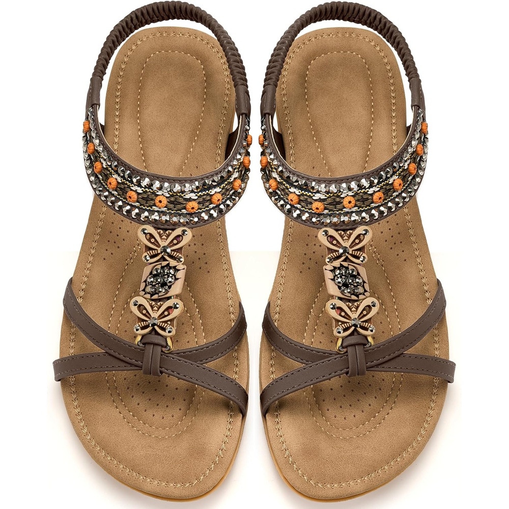 image:imageAblanczoom Womens Flat Sandals Summer Boho Beaded Dressy Comfortable Walking Shoes for Vacation Daily WearCoffee