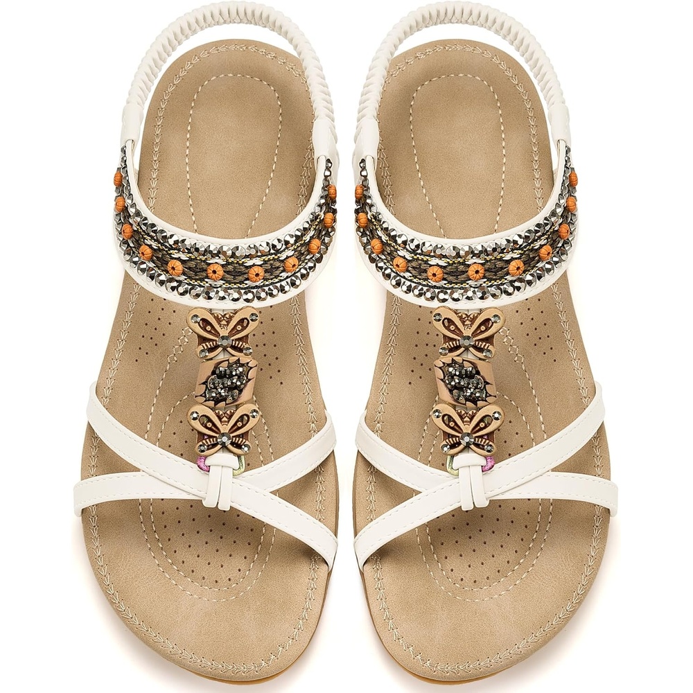 image:imageAblanczoom Womens Flat Sandals Summer Boho Beaded Dressy Comfortable Walking Shoes for Vacation Daily WearWhite