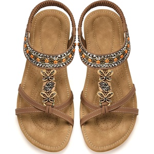 Ablanczoom Women’s Flat Sandals Summer Boho Beaded Dressy Comfortable Walking Shoes for Vacation Daily Wear(Brown)
