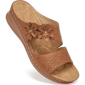 Ablanczoom Womens Wedge Sandals Dressy: Slip On Comfortable Summer Shoes Floral Platform Slides for Casual Walking(Brown)