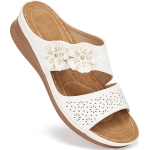 Ablanczoom Womens Wedge Sandals Dressy: Slip On Comfortable Summer Shoes Floral Platform Slides for Casual Walking(White)